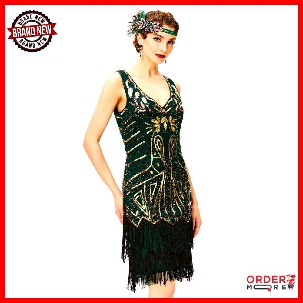 Flapper Dress 1920s V Neck Beaded Fringe Gatsby Cocktail Party
